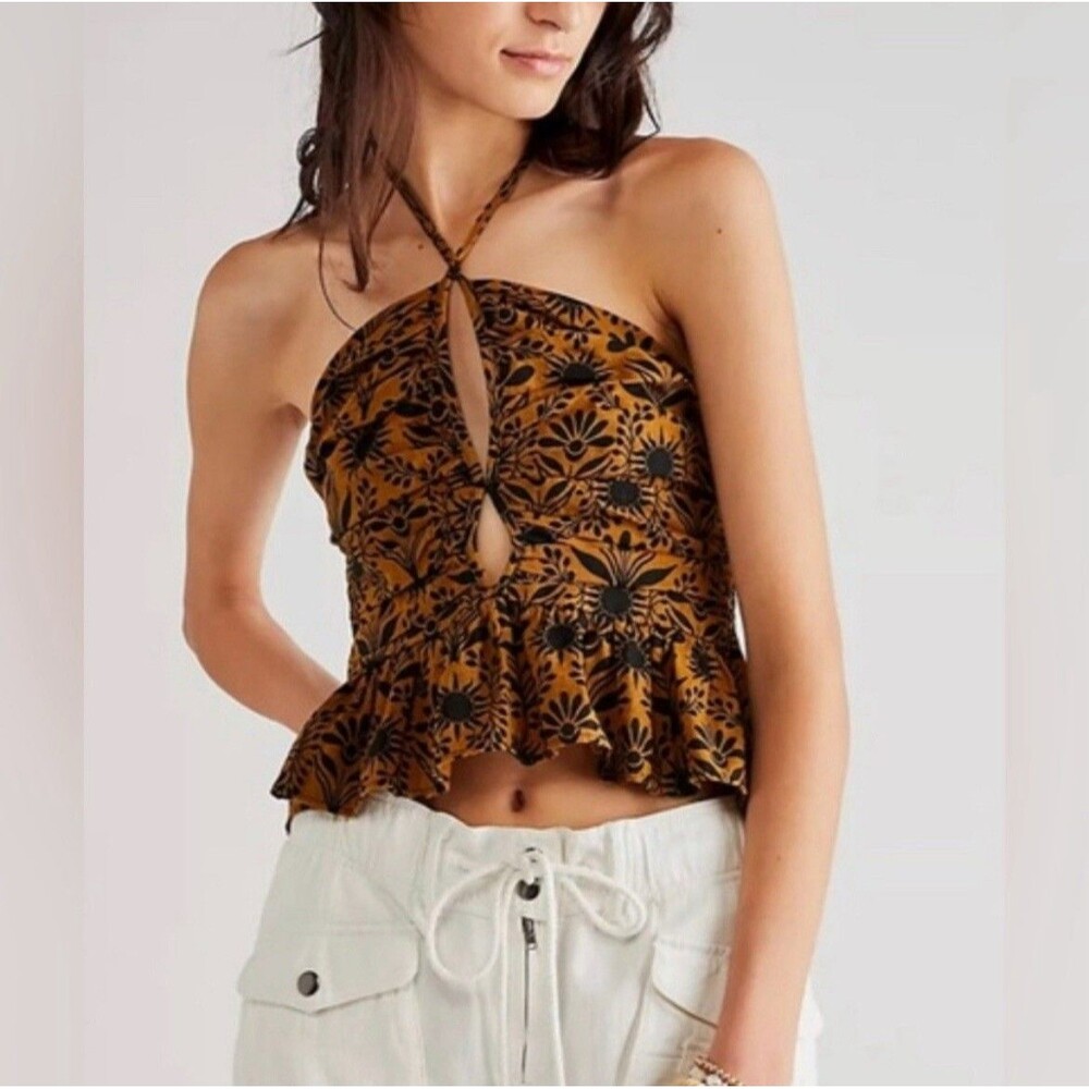 Free People Dandelion Halter Top Women's Size XS Elderwood Brown Floral Cotton